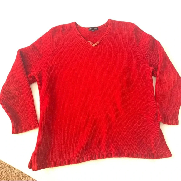 Y2K Sweater Women’s Size 1X Red Chenille Knit V-Neck  Pullover Soft Cozy  Beaded - Picture 2 of 5